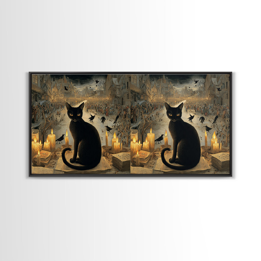 The Black Cat Familiar, Northern Renaissance Horror, Wide Panoramic Art, Dark Halloween Decor, Canvas Print, Halloween Wall Art