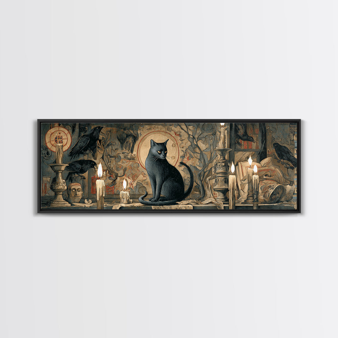 The Black Cat Familiar, Dark Renaissance Art, Extra Wide Wall Art, Dark Fantasy Wall Art, Framed Canvas Print, Halloween Wall Art