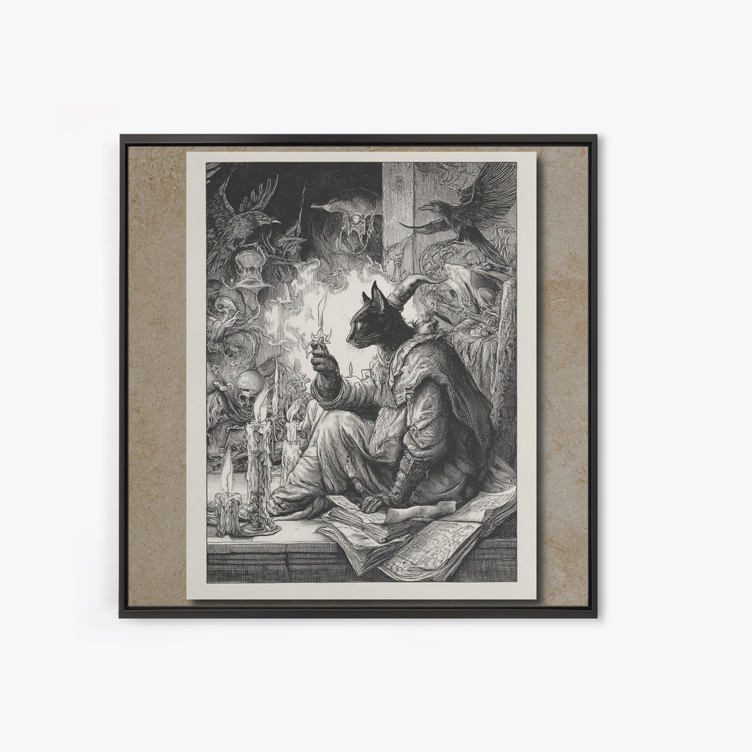 The Black Cat Familiar, Renaissance Engraving Art, Square Wall Art, Dark Fantasy Wall Art, Canvas Print, Halloween Wall Art
