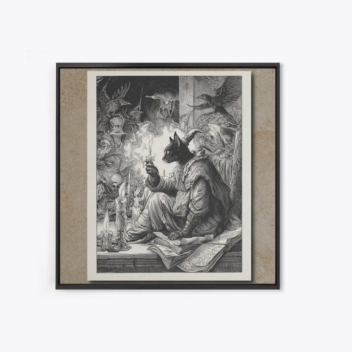 The Black Cat Familiar, Renaissance Engraving Art, Square Wall Art, Dark Fantasy Wall Art, Canvas Print, Halloween Wall Art