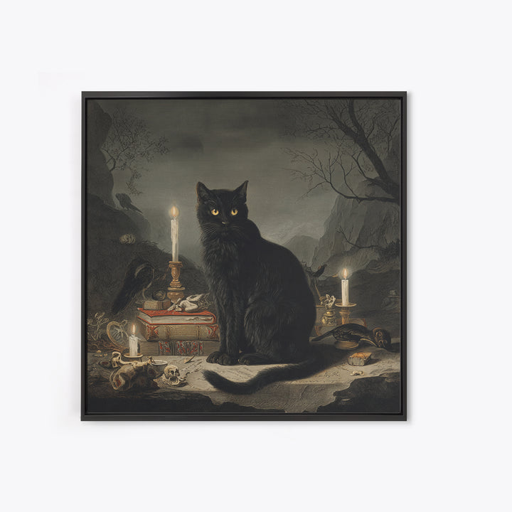 The Black Cat Familiar, Baroque Witchcraft Art, Square Wall Art, Macabre Wall Art, Framed Canvas Print, Halloween Wall Art