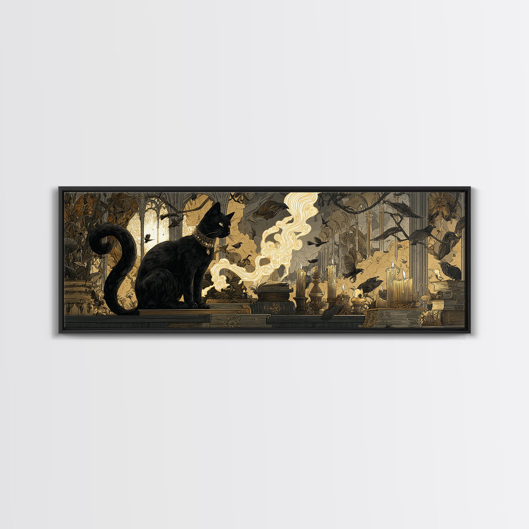 The Black Cat Familiar, Visionary Gothic Art, Extra Wide Wall Art, Macabre Wall Art, Canvas Print, Halloween Wall Art, Horror Wall Art