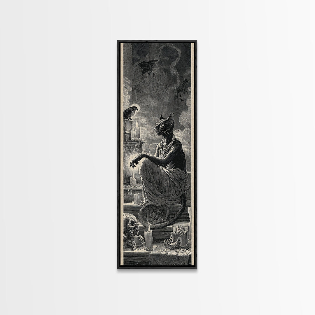 The Black Cat Familiar, Architectural Etching Art, Tall Narrow Wall Art, Gothic Horror Wall Art, Canvas Print