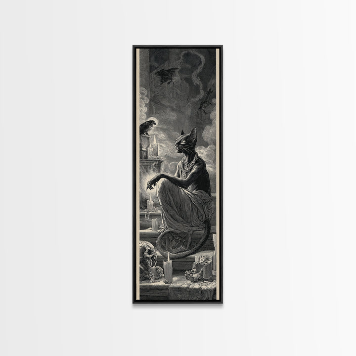 The Black Cat Familiar, Architectural Etching Art, Tall Narrow Wall Art, Gothic Horror Wall Art, Canvas Print