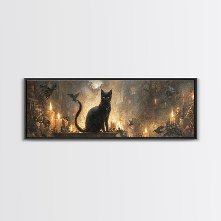 The Black Cat Familiar, Apocalyptic Romantic Art, Extra Wide Wall Art, Dark Fantasy Wall Art, Framed Canvas Print, Halloween Wall Art