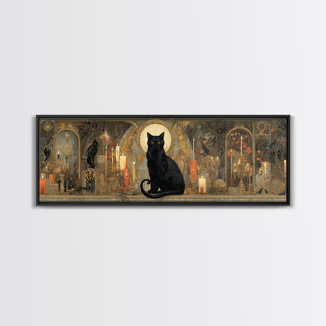 The Black Cat Familiar, Ornate Symbolist Art, Extra Wide Wall Art, Gothic Horror Wall Art, Canvas Print, Halloween Wall Art