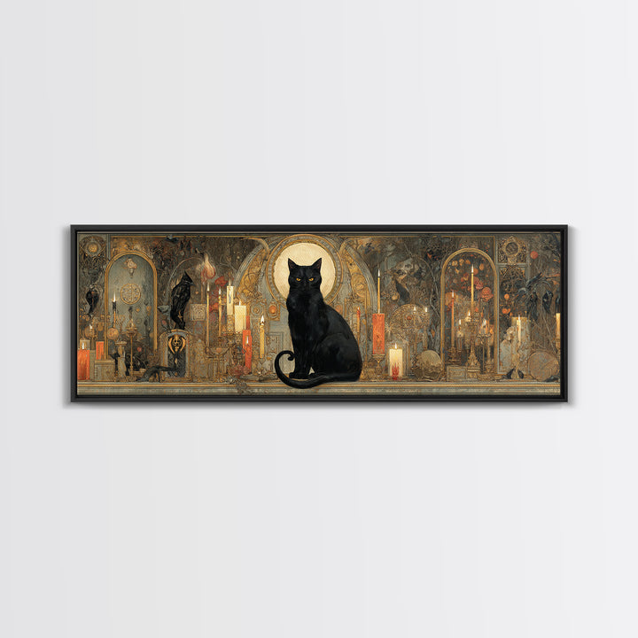 The Black Cat Familiar, Ornate Symbolist Art, Extra Wide Wall Art, Gothic Horror Wall Art, Canvas Print, Halloween Wall Art