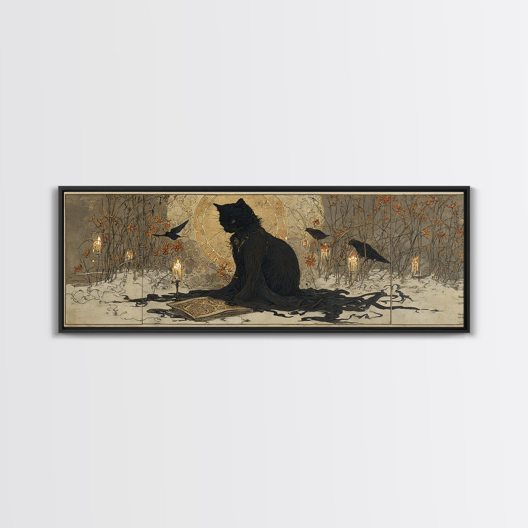 The Black Cat Familiar, Symbolist Death Art, Extra Wide Wall Art, Dark Fantasy Wall Art, Framed Canvas Print, Halloween Wall Art
