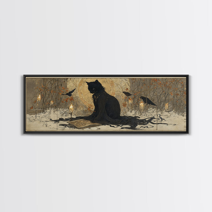 The Black Cat Familiar, Symbolist Death Art, Extra Wide Wall Art, Dark Fantasy Wall Art, Framed Canvas Print, Halloween Wall Art