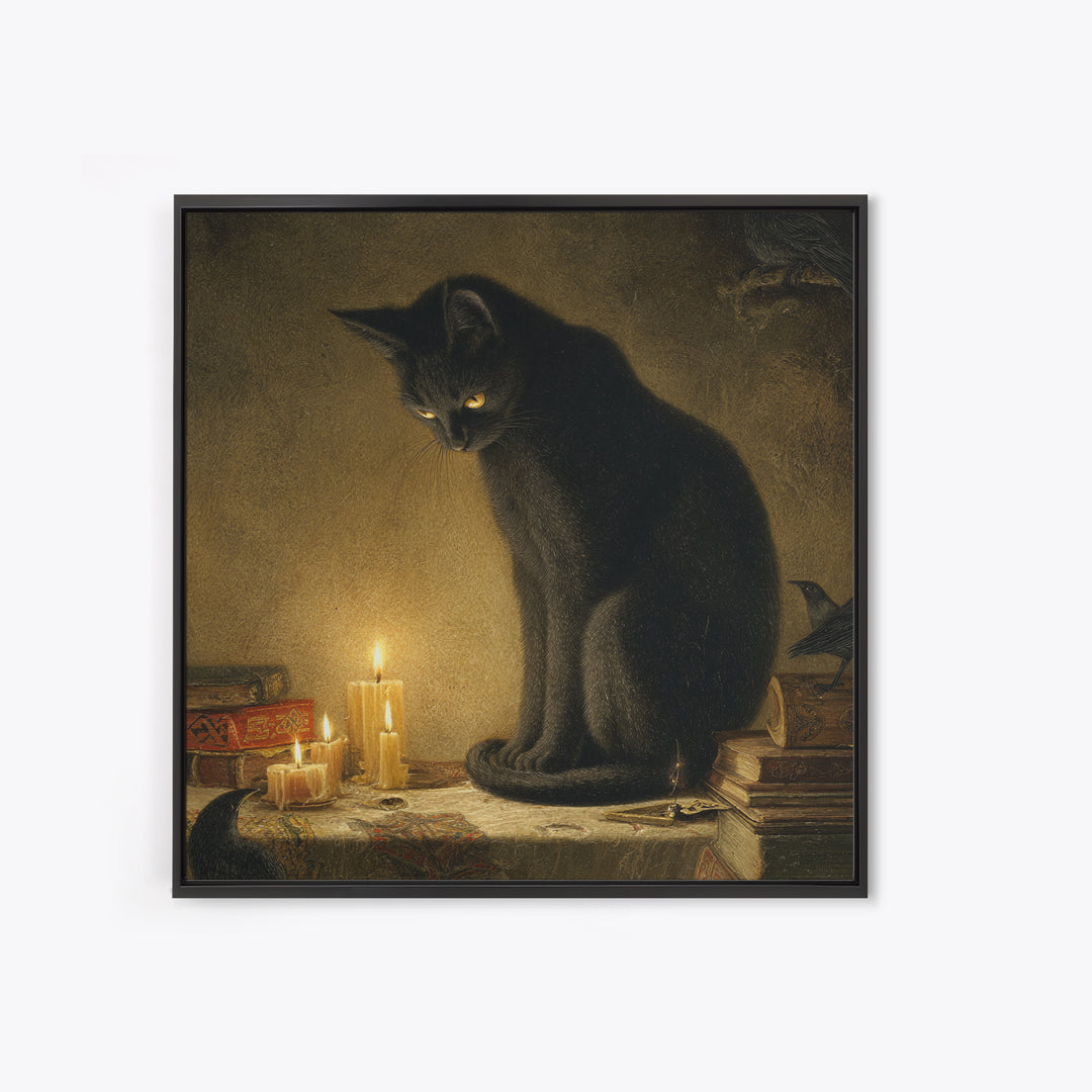 The Black Cat Familiar, Dark Symbolist Art, Square Wall Art, Dark Halloween Decor, Canvas Print, Halloween Wall Art