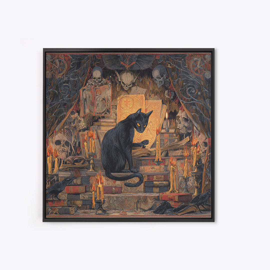 The Black Cat Familiar, Grotesque Carnival Art, Square Wall Art, Gothic Horror Wall Art, Framed Canvas Print, Halloween Wall Art