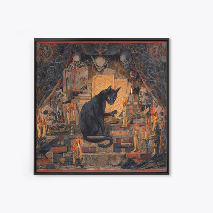 The Black Cat Familiar, Grotesque Carnival Art, Square Wall Art, Gothic Horror Wall Art, Framed Canvas Print, Halloween Wall Art