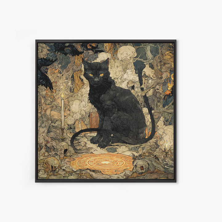 The Black Cat Familiar, Gothic Storybook Art, Square Wall Art, Macabre Wall Art, Framed Canvas Print, Halloween Wall Art