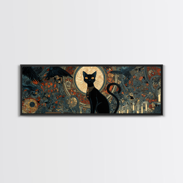 The Black Cat Familiar, Stained Glass Gothic Art, Extra Wide Wall Art, Dark Fantasy Wall Art, Framed Canvas Print, Halloween Wall Art