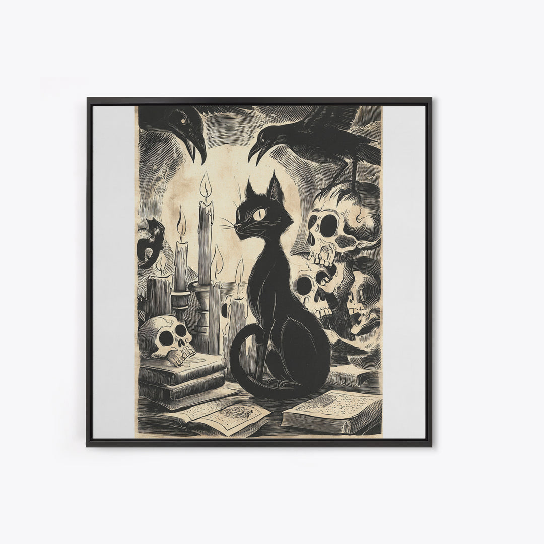 The Black Cat Familiar, Macabre Folk Print Art, Square Wall Art, Macabre Wall Art, Framed Canvas Print, Halloween Wall Art