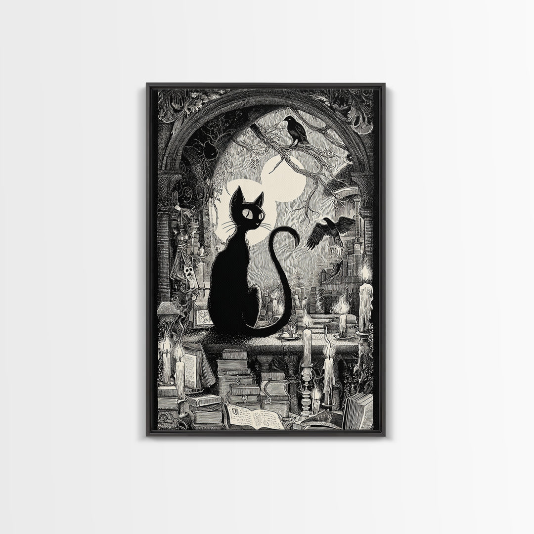 The Black Cat Familiar, Victorian Macabre Art, Vertical Wall Art, Dark Fantasy Wall Art, Framed Canvas Print, Halloween Wall Art