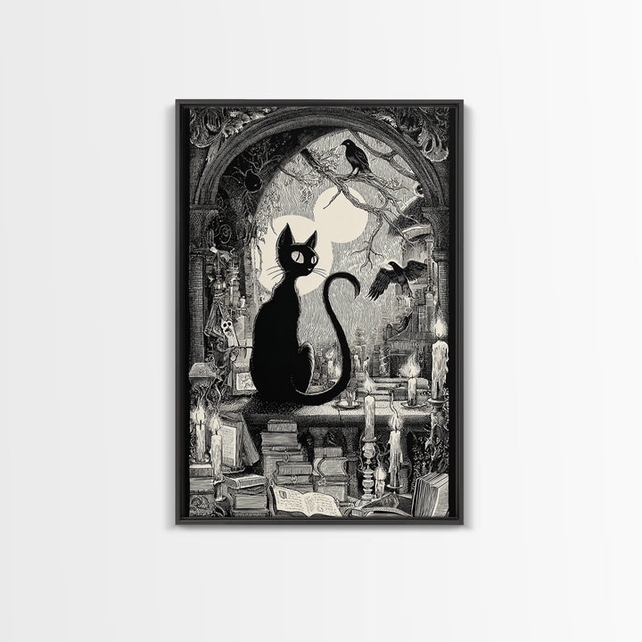 The Black Cat Familiar, Victorian Macabre Art, Vertical Wall Art, Dark Fantasy Wall Art, Framed Canvas Print, Halloween Wall Art