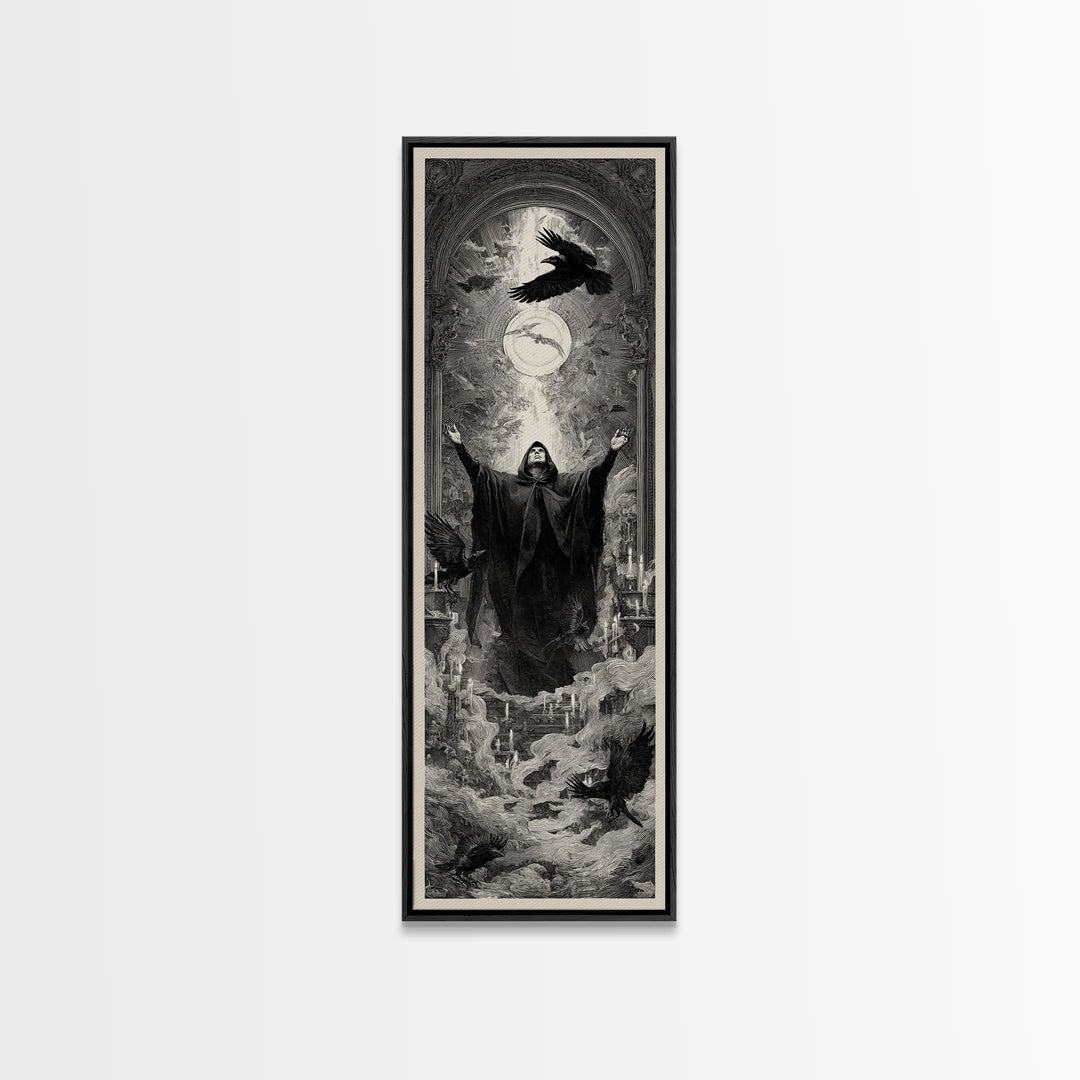The Raven Keeper, Gothic Engraving Art, Tall Narrow Wall Art, Gothic Horror Wall Art, Canvas Print, Halloween Wall Art