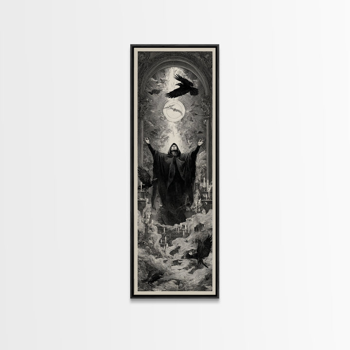 The Raven Keeper, Gothic Engraving Art, Tall Narrow Wall Art, Gothic Horror Wall Art, Canvas Print, Halloween Wall Art