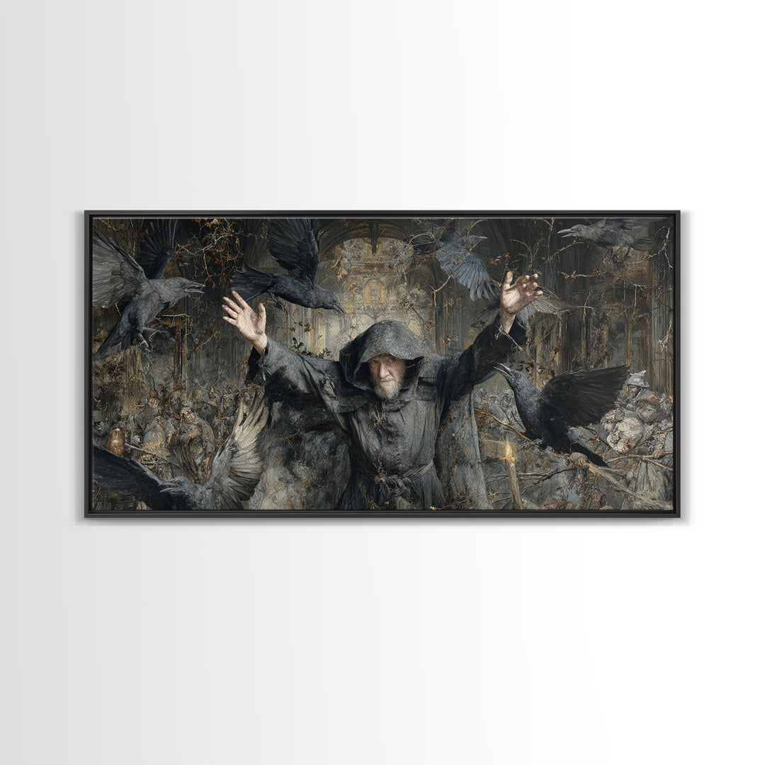 The Raven Keeper, Northern Renaissance Horror, Wide Panoramic Art, Dark Fantasy Wall Art, Canvas Print, Halloween Wall Art