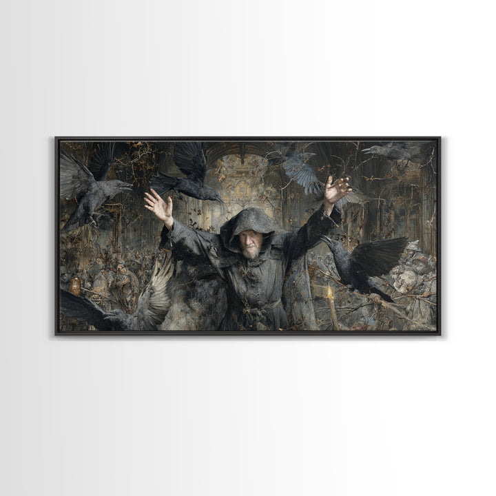 The Raven Keeper, Northern Renaissance Horror, Wide Panoramic Art, Dark Fantasy Wall Art, Canvas Print, Halloween Wall Art