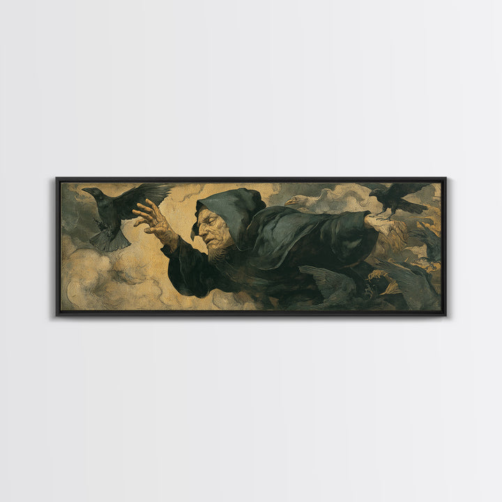 The Raven Keeper, Dark Renaissance Art, Extra Wide Wall Art, Dark Fantasy Wall Art, Canvas Print, Halloween Wall Art