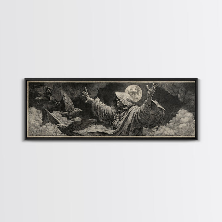 The Raven Keeper, Renaissance Engraving Art, Extra Wide Wall Art, Dark Halloween Decor, Framed Canvas Print, Halloween Wall Art