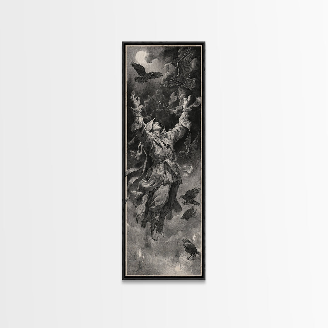 The Raven Keeper, Architectural Etching Art, Tall Narrow Wall Art, Dark Fantasy Wall Art, Canvas Print, Halloween Wall Art