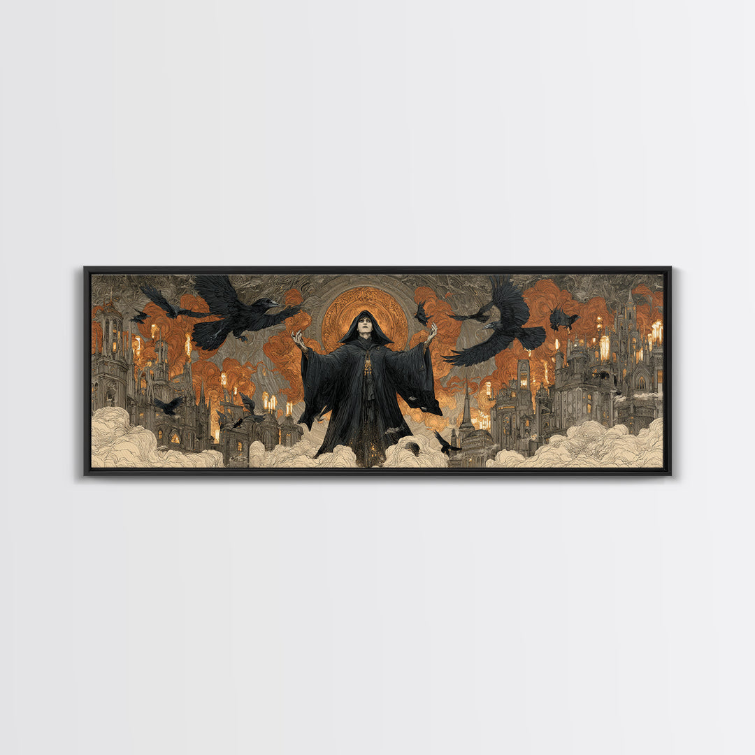 The Raven Keeper, Apocalyptic Romantic Art, Extra Wide Wall Art, Gothic Horror Wall Art, Canvas Print, Halloween Wall Art