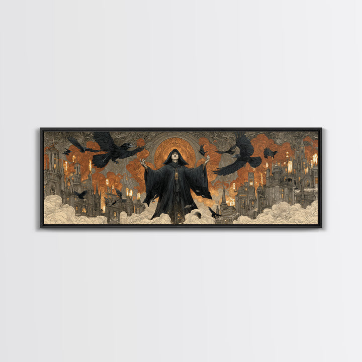 The Raven Keeper, Apocalyptic Romantic Art, Extra Wide Wall Art, Gothic Horror Wall Art, Canvas Print, Halloween Wall Art