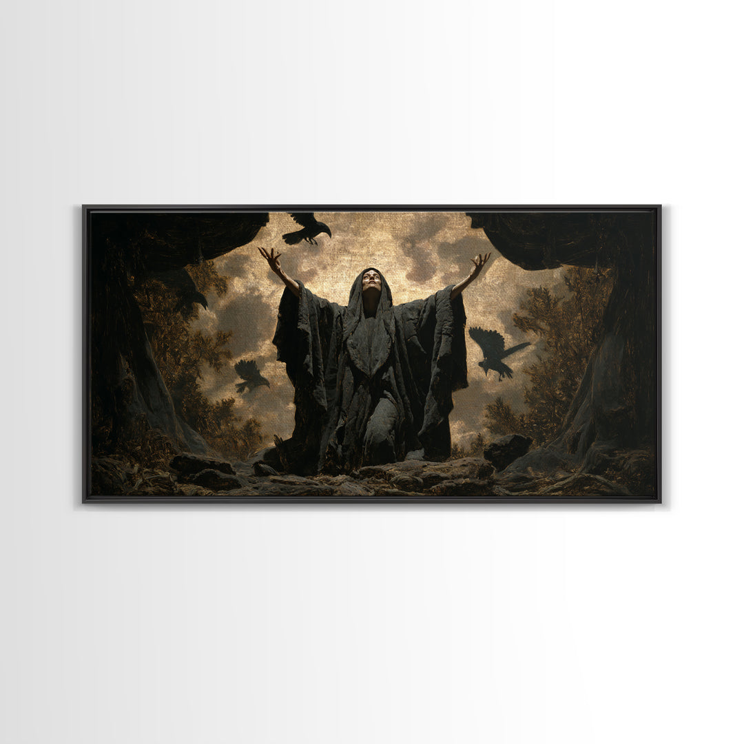 The Raven Keeper, Symbolist Gothic Landscape, Wide Panoramic Art, Dark Halloween Decor, Framed Canvas Print, Halloween Wall Art