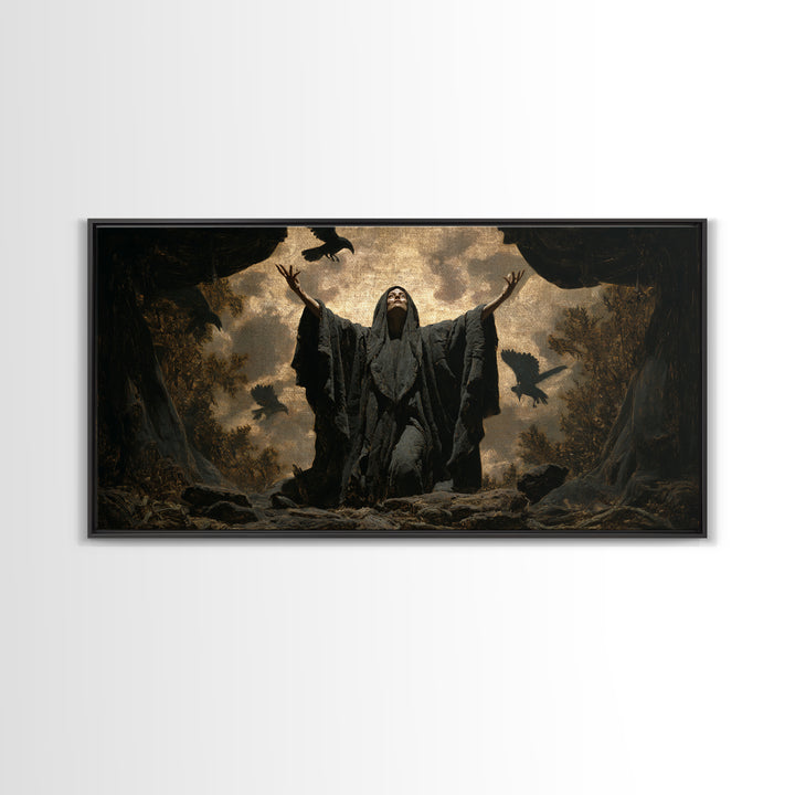 The Raven Keeper, Symbolist Gothic Landscape, Wide Panoramic Art, Dark Halloween Decor, Framed Canvas Print, Halloween Wall Art