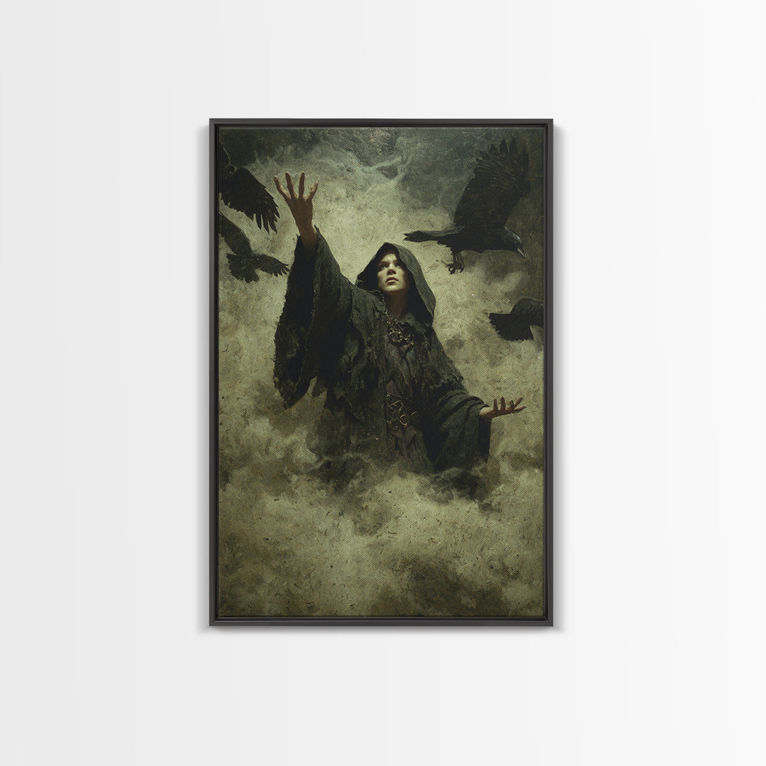 The Raven Keeper, Ornate Symbolist Art, Vertical Wall Art, Dark Fantasy Wall Art, Framed Canvas Print, Halloween Wall Art