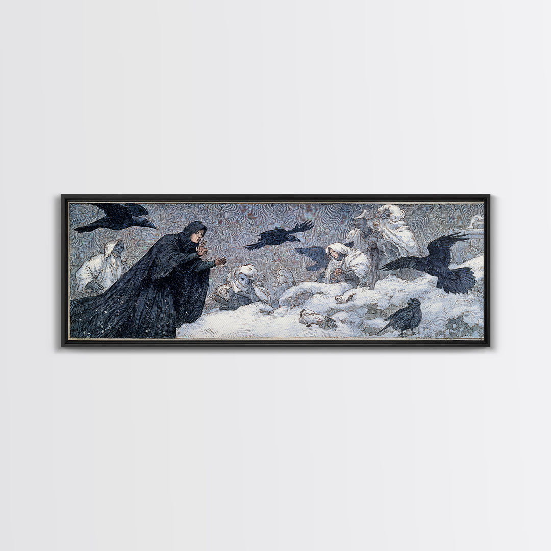 The Raven Keeper, Symbolist Death Art, Extra Wide Wall Art, Dark Halloween Decor, Canvas Print, Halloween Wall Art