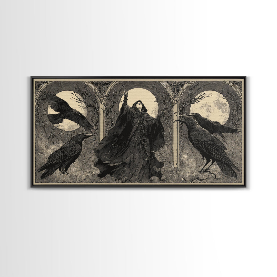 The Raven Keeper, Expressionist Nightmare Art, Wide Panoramic Art, Dark Halloween Decor, Framed Canvas Print, Halloween Wall Art