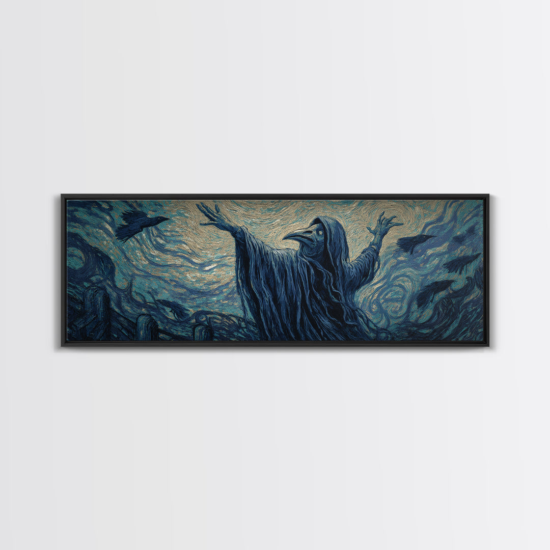 The Raven Keeper, Expressionist Gothic Art, Extra Wide Wall Art, Dark Fantasy Wall Art, Canvas Print, Halloween Wall Art
