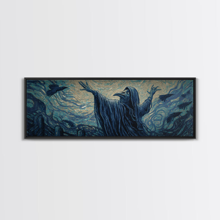 The Raven Keeper, Expressionist Gothic Art, Extra Wide Wall Art, Dark Fantasy Wall Art, Canvas Print, Halloween Wall Art