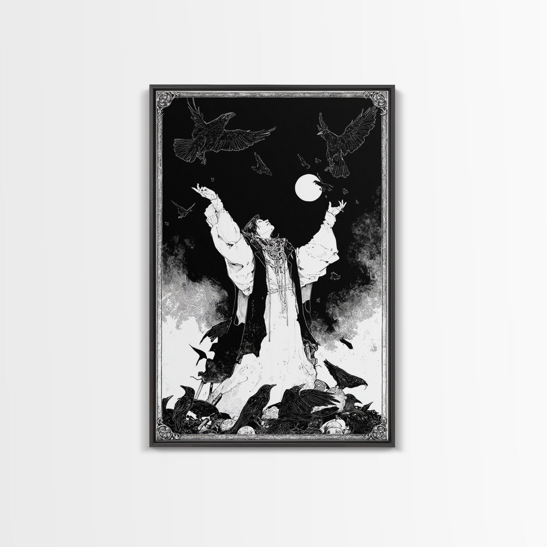 The Raven Keeper, Decadent Line Art, Vertical Wall Art, Macabre Wall Art, Canvas Print, Halloween Wall Art, Halloween Decor
