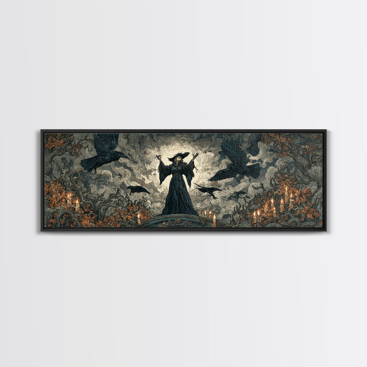 The Raven Keeper, Gothic Storybook Art, Extra Wide Wall Art, Gothic Horror Wall Art, Framed Canvas Print, Halloween Wall Art