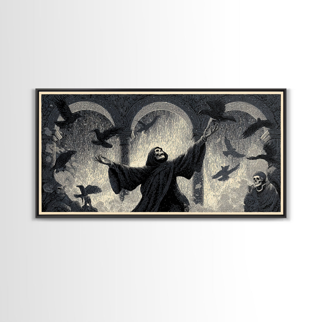 The Raven Keeper, Macabre Folk Print Art, Wide Panoramic Art, Dark Fantasy Wall Art, Canvas Print, Halloween Wall Art