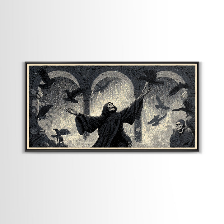 The Raven Keeper, Macabre Folk Print Art, Wide Panoramic Art, Dark Fantasy Wall Art, Canvas Print, Halloween Wall Art