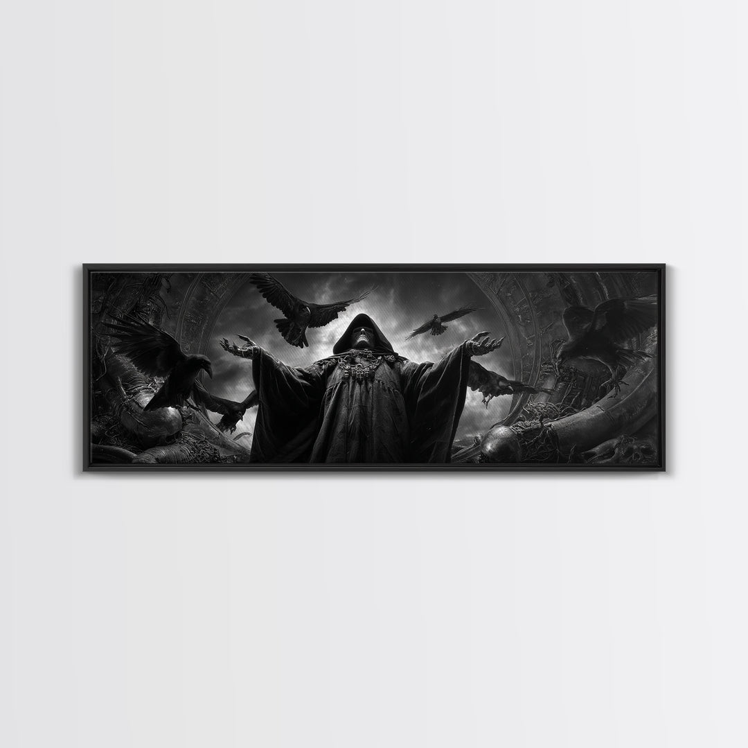 The Raven Keeper, Biomechanical Horror Art, Extra Wide Wall Art, Gothic Horror Wall Art, Canvas Print, Halloween Wall Art