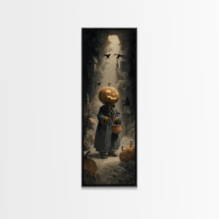 The Pumpkin-Headed Child, Gothic Engraving Art, Tall Narrow Wall Art, Gothic Horror Wall Art, Framed Canvas Print, Halloween Wall Art