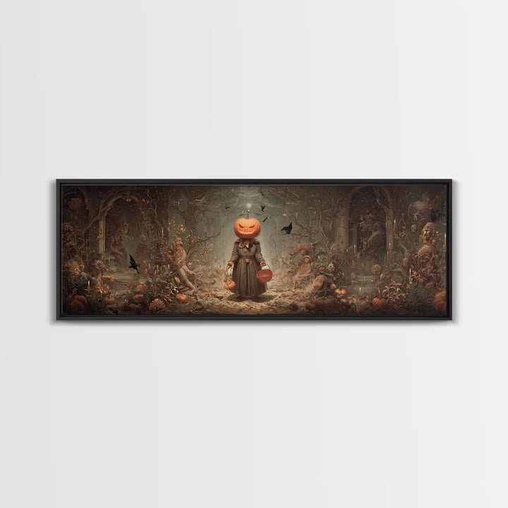 The Pumpkin-Headed Child, Medieval Grotesque Art, Extra Wide Wall Art, Macabre Wall Art, Canvas Print, Halloween Wall Art