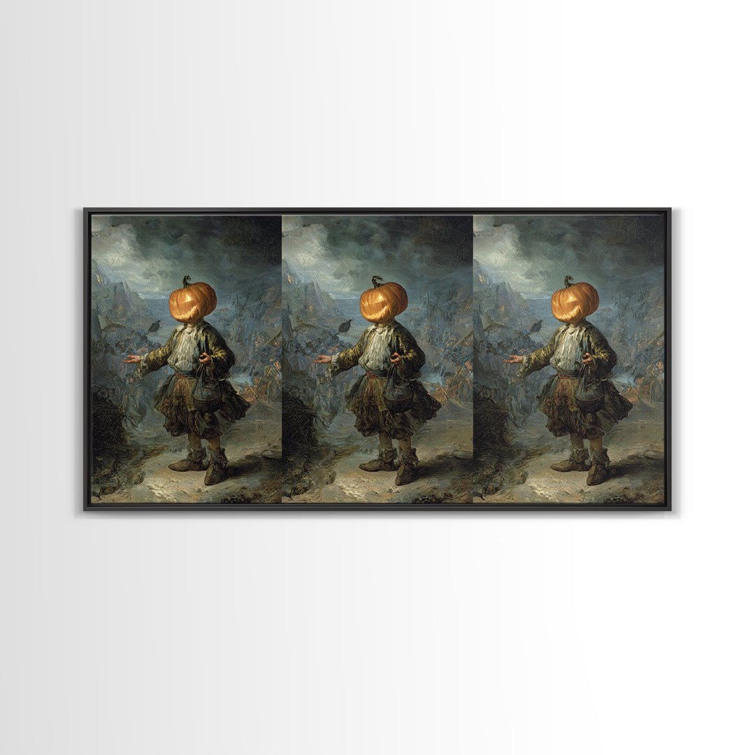 The Pumpkin-Headed Child, Northern Renaissance Horror, Wide Panoramic Art, Dark Fantasy Wall Art, Framed Canvas Print