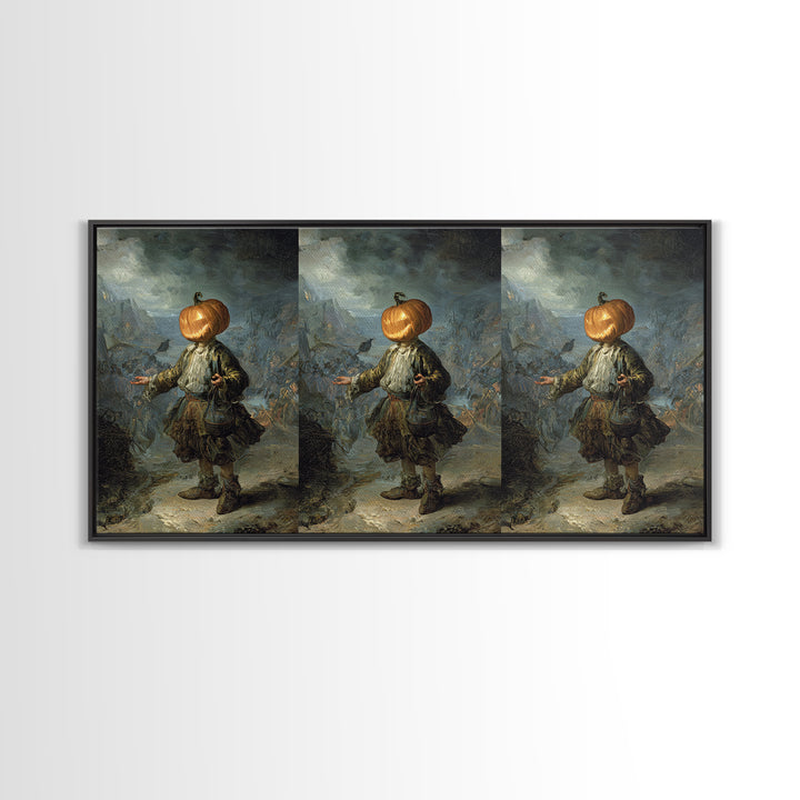 The Pumpkin-Headed Child, Northern Renaissance Horror, Wide Panoramic Art, Dark Fantasy Wall Art, Framed Canvas Print