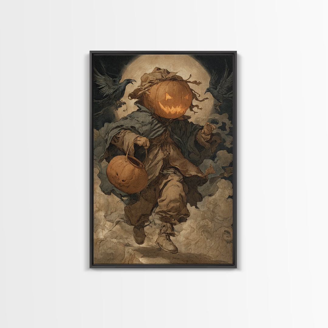 The Pumpkin-Headed Child, Dark Renaissance Art, Vertical Wall Art, Dark Fantasy Wall Art, Framed Canvas Print, Halloween Wall Art