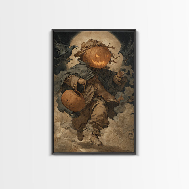 The Pumpkin-Headed Child, Dark Renaissance Art, Vertical Wall Art, Dark Fantasy Wall Art, Framed Canvas Print, Halloween Wall Art