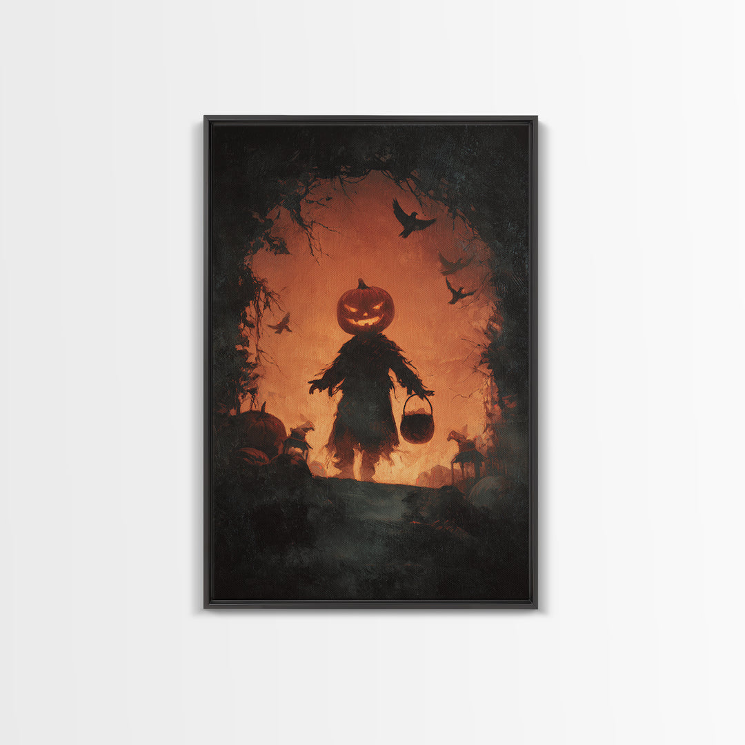 The Pumpkin-Headed Child, Dark Romantic Horror Art, Vertical Wall Art, Macabre Wall Art, Canvas Print, Halloween Wall Art