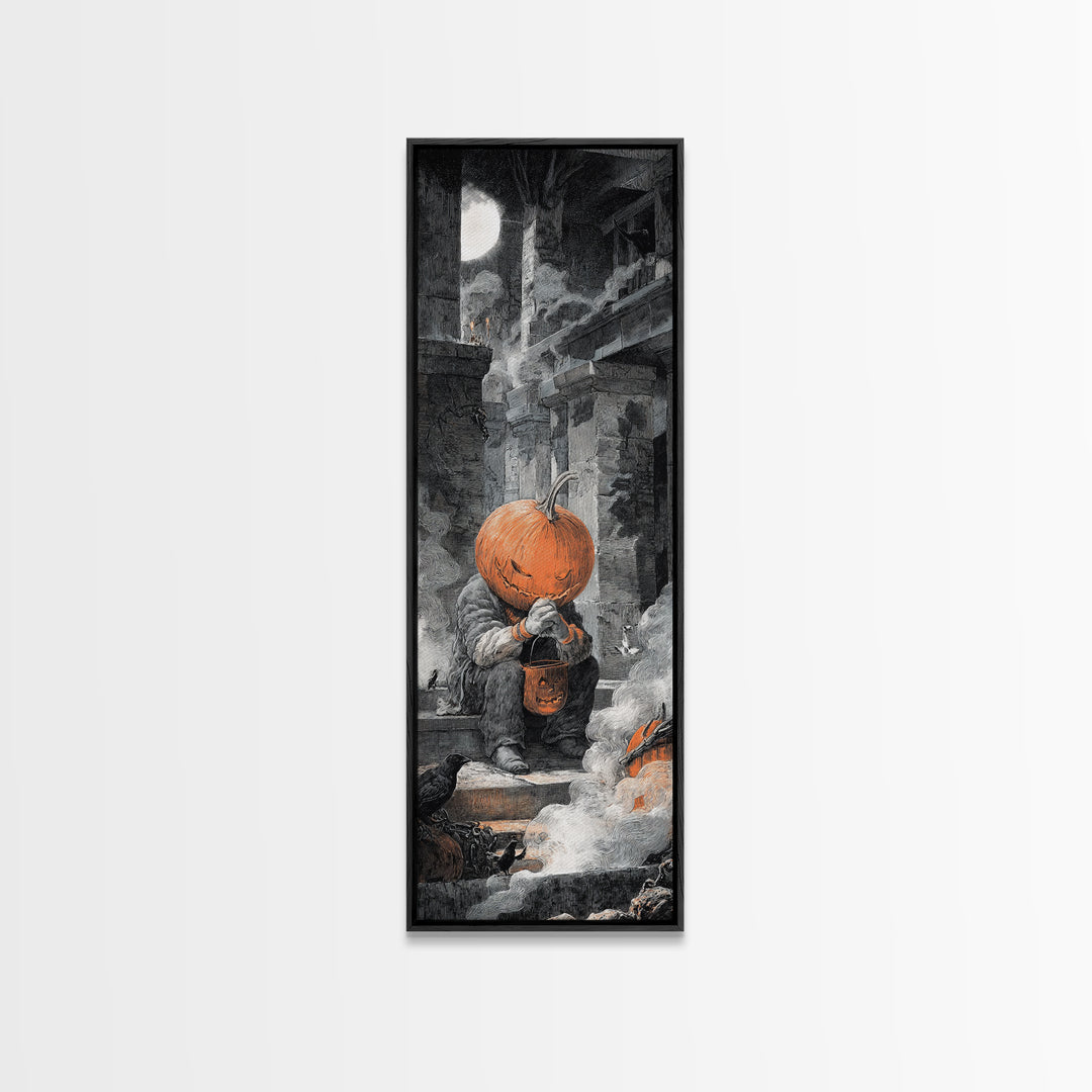 The Pumpkin-Headed Child, Architectural Etching Art, Tall Narrow Wall Art, Macabre Wall Art, Canvas Print, Halloween Wall Art